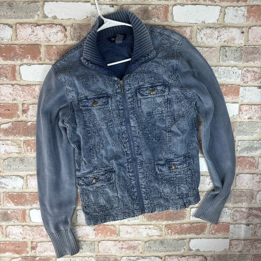Denim & Co Blue Floral Embroidered Zip Up Jacket Medium Womens Western Boho
